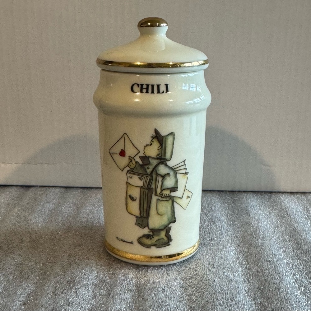 Vintage MJ Hummel Ceramic Chili Spice Jar with Mailman Design